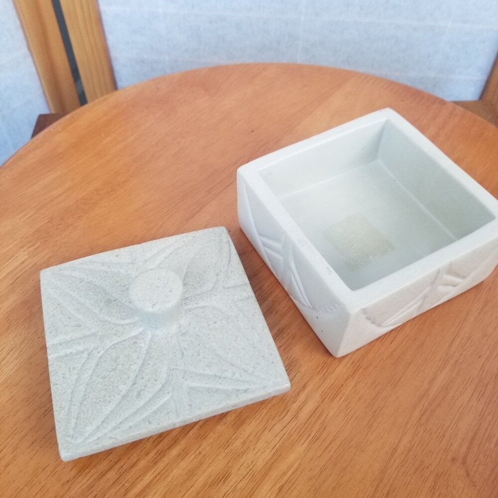 Square Lidded Trinket Box Soapstone 4" x 4" x 3.5" Tan Gray